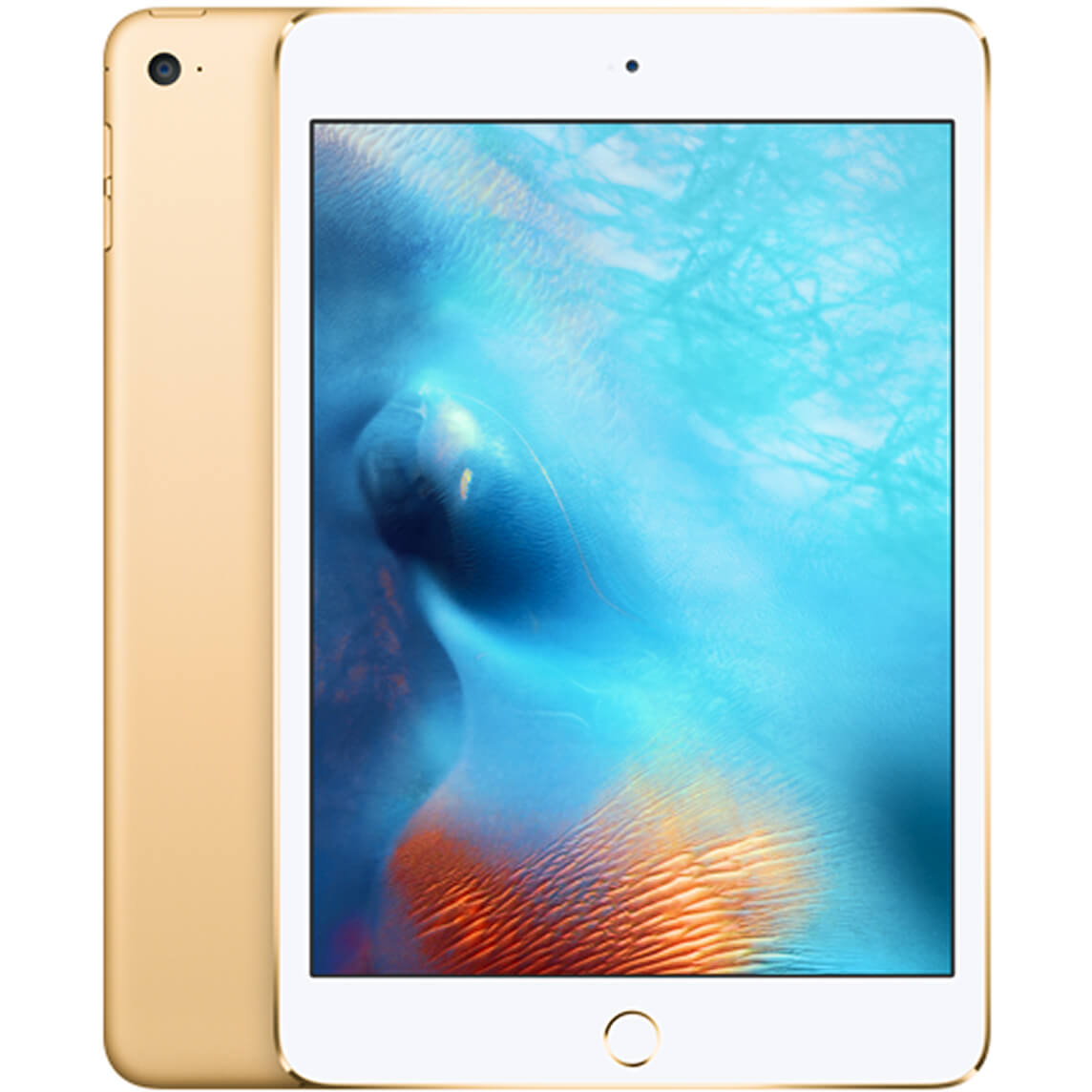Refurbished Apple iPad mini 4 - front and side view, shown in gold