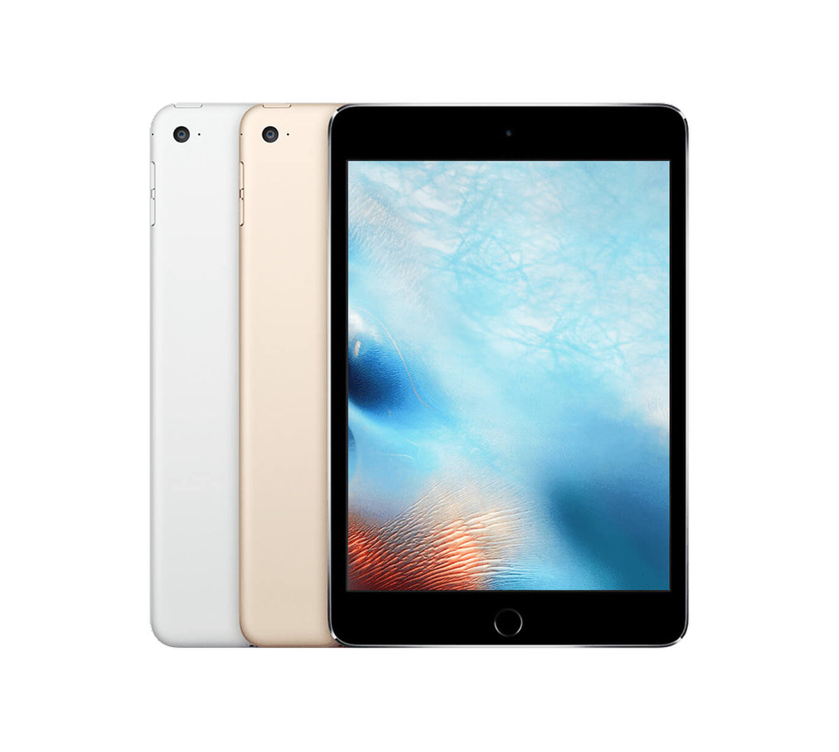 Refurbished Apple iPad mini 4 - front and side view, shown in silver, gold and space grey