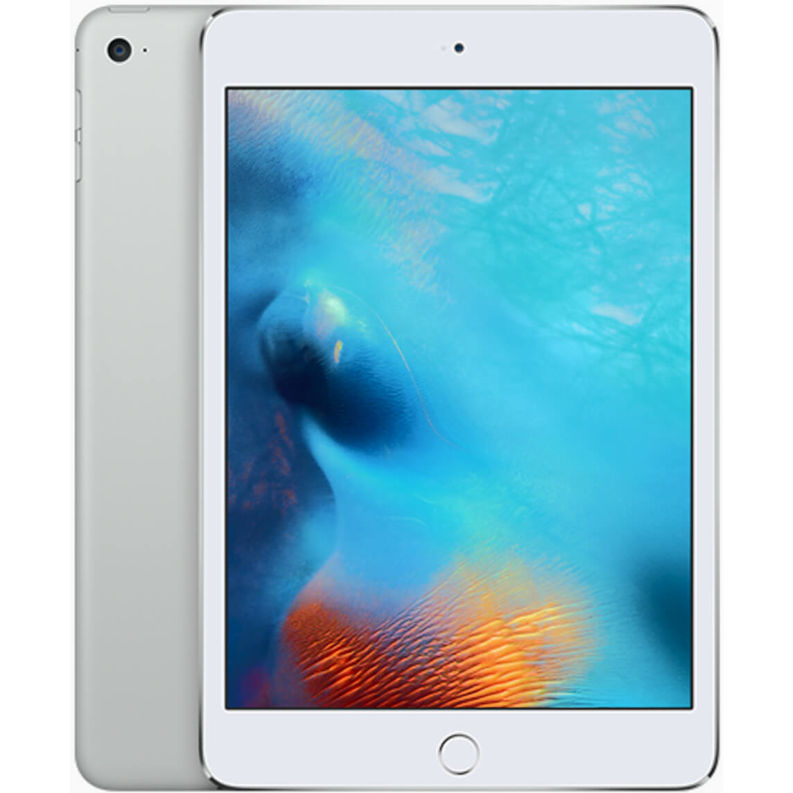 Refurbished Apple iPad mini 4 - front and side view, shown in silver