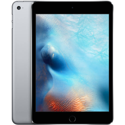 Refurbished Apple iPad mini 4 - front and side view, shown in space grey