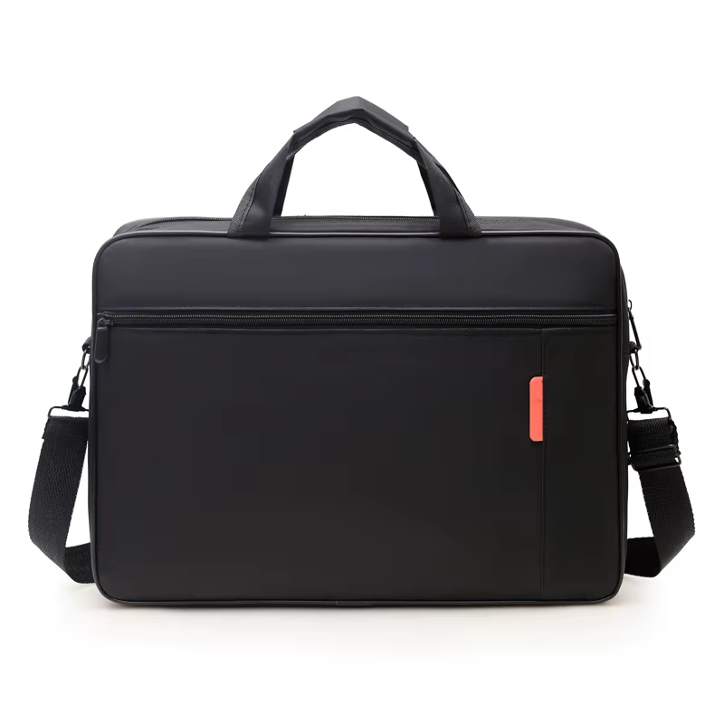 Black padded laptop carry bag with twin handles, front zip pocket and shoulder strap