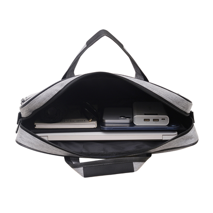Laptop carry bag open, holding a laptop, tablet, power bank and notebook